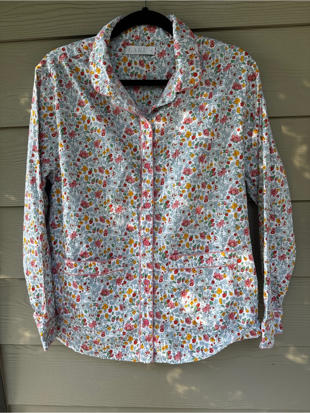 LAKE Pajama Shirt M Women White Floral Button Front Pink Piping Long Sleeve